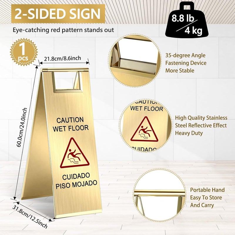 LEIFIDE Stainless Steel Wet Floor Caution Sign Bulk 8.8 Pound Portable Foldable Handle Bilingual Safety Sign for Kitchen Restaurant Supermarket Shop Commercial Use Avoid Fall and Slip Accident(Gold) - Image 2